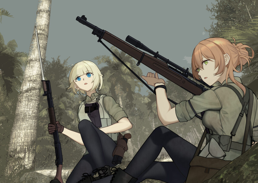 2girls, absurdres, bayonet, blonde_hair, blue_eyes, bolt_action, breasts, brown_gloves