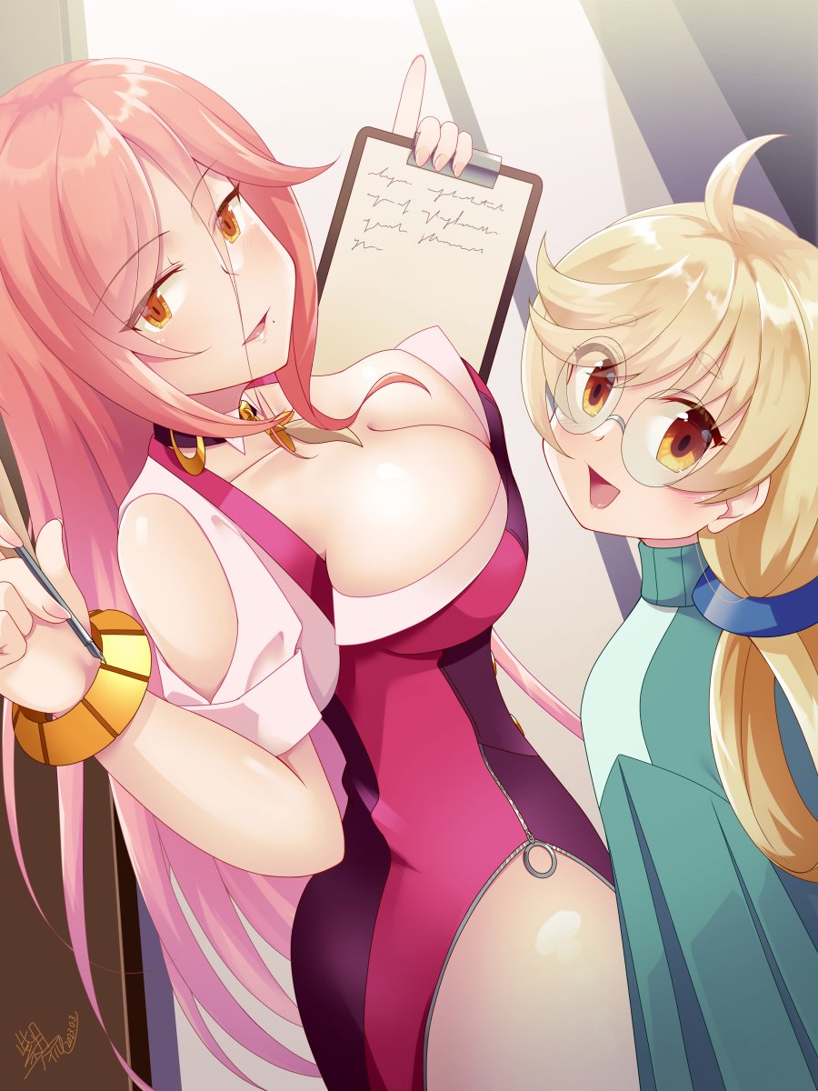 1girl, azure_striker_gunvolt, azure_striker_gunvolt_3, blonde_hair, breasts, brown_eyes, cleavage, clothing_cutout, detached_collar, earrings, glasses, grazie_(gunvolt), highres, jewelry, large_breasts, long_hair, looking_at_viewer, pink_hair, shizuki_airu, sistina_(gunvolt)
