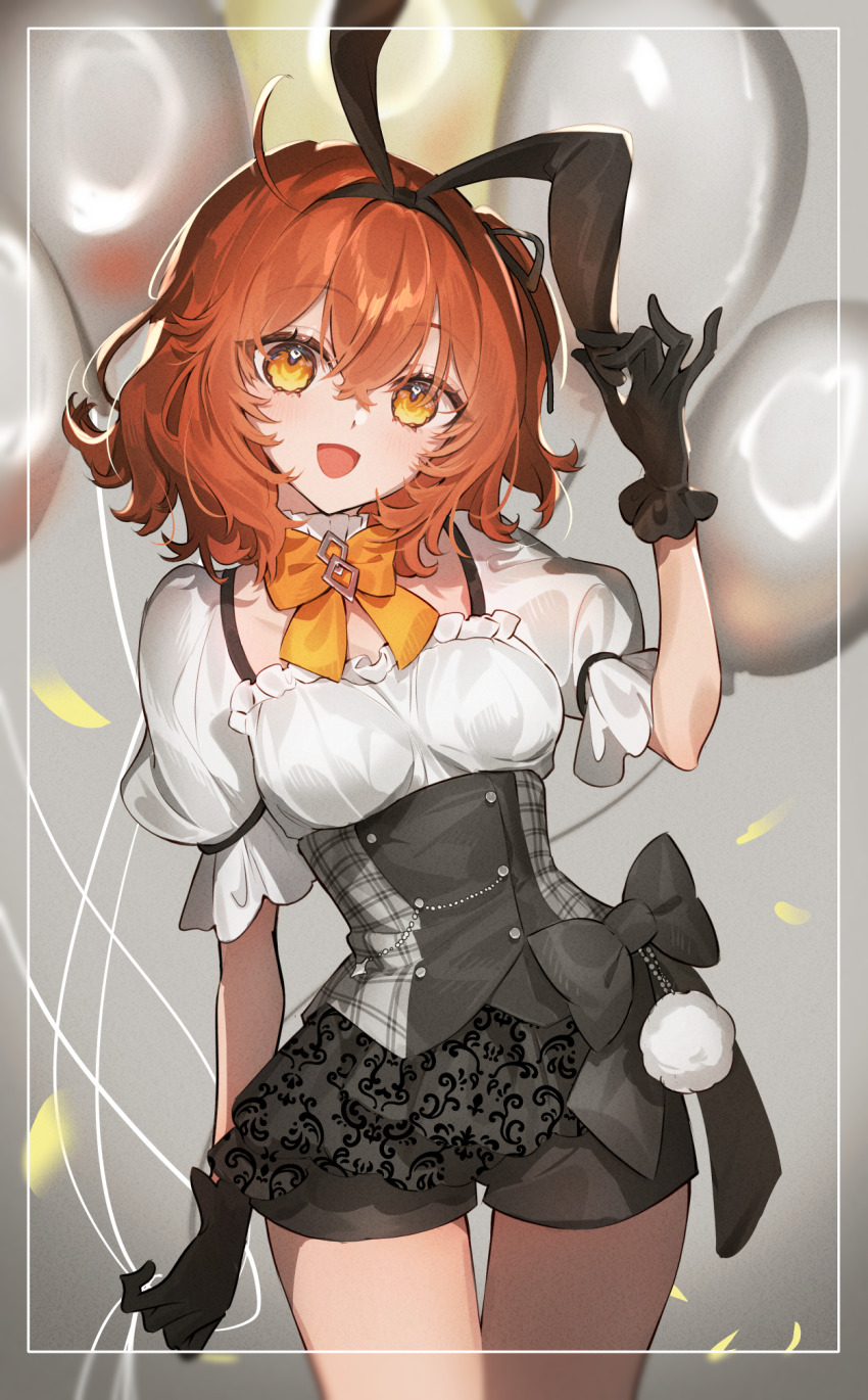 1girl, animal_ears, balloon, black_gloves, black_shorts, bow, bowtie, commentary_request, corset, cowboy_shot, fake_animal_ears, fate/grand_order, fate_(series), frilled_gloves, frills, fujimaru_ritsuka_(female), fujimaru_ritsuka_(female)_(love_it), galibo, gloves, hair_between_eyes, head_tilt, highres, looking_at_viewer, medium_hair, open_mouth, orange_bow, orange_bowtie, orange_eyes, orange_hair, puffy_short_sleeves, puffy_sleeves, rabbit_ears, shirt, short_sleeves, shorts, solo, thigh_gap, white_shirt