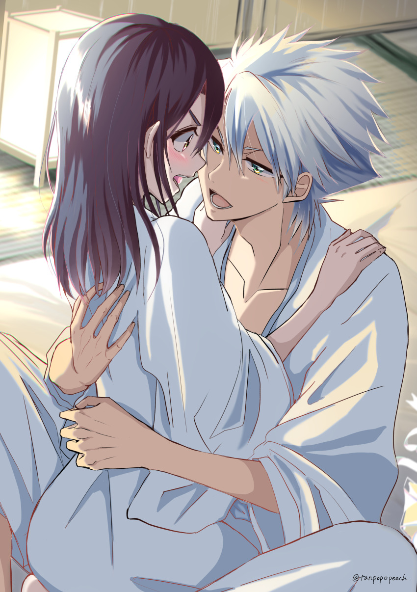 1boy, 1girl, :d, absurdres, black_hair, bleach, brown_eyes, collarbone, couple, eye_contact, futon, green_eyes, hands_on_another's_shoulder, hetero, highres, hinamori_momo, hitsugaya_toushirou, hitsugaya_toushirou_(adult), hug, indoors, japanese_clothes, kimono, long_hair, long_sleeves, looking_at_another, open_mouth, short_hair, sitting, smile, spiked_hair, straight_hair, tanpopopeach, tatami, twitter_username, white_hair, white_kimono
