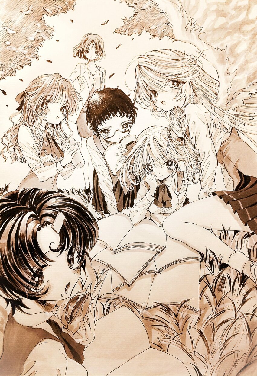 6+girls, angel, angel_wings, aya_carmine, book, eating, food, food_on_face