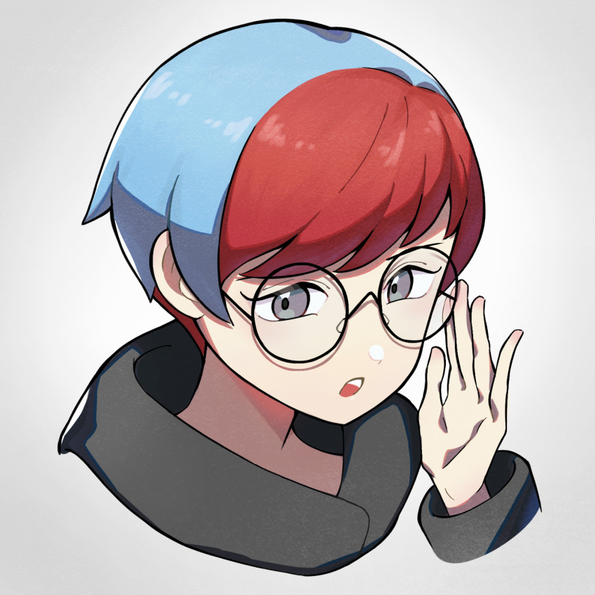 1girl, adjusting_eyewear, black-framed_eyewear, blue_hair, commentary_request, disembodied_hand, glasses, grey_background