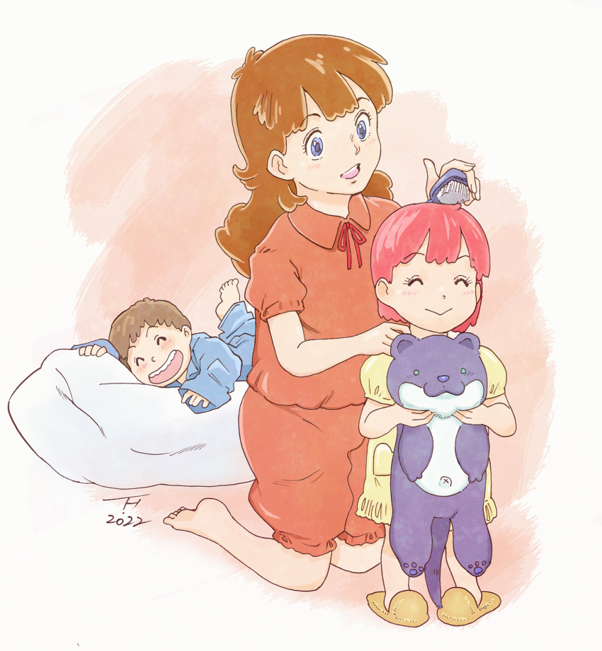 1boy, 2girls, :d, barefoot, blue_eyes, blue_pajamas, brown_footwear, brown_hair