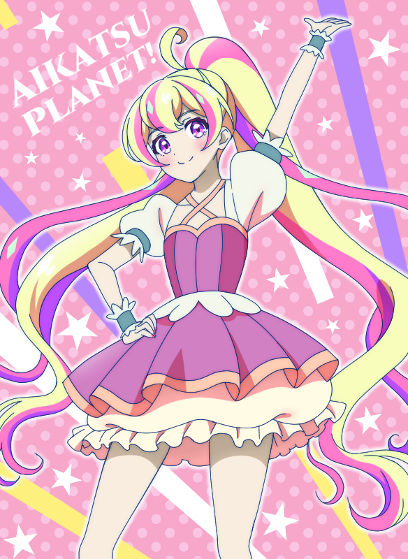 1girl, ahoge, aikatsu!_(series), aikatsu_planet!, blonde_hair, copyright_name, hana_(aikatsu_planet!), hand_on_own_hip