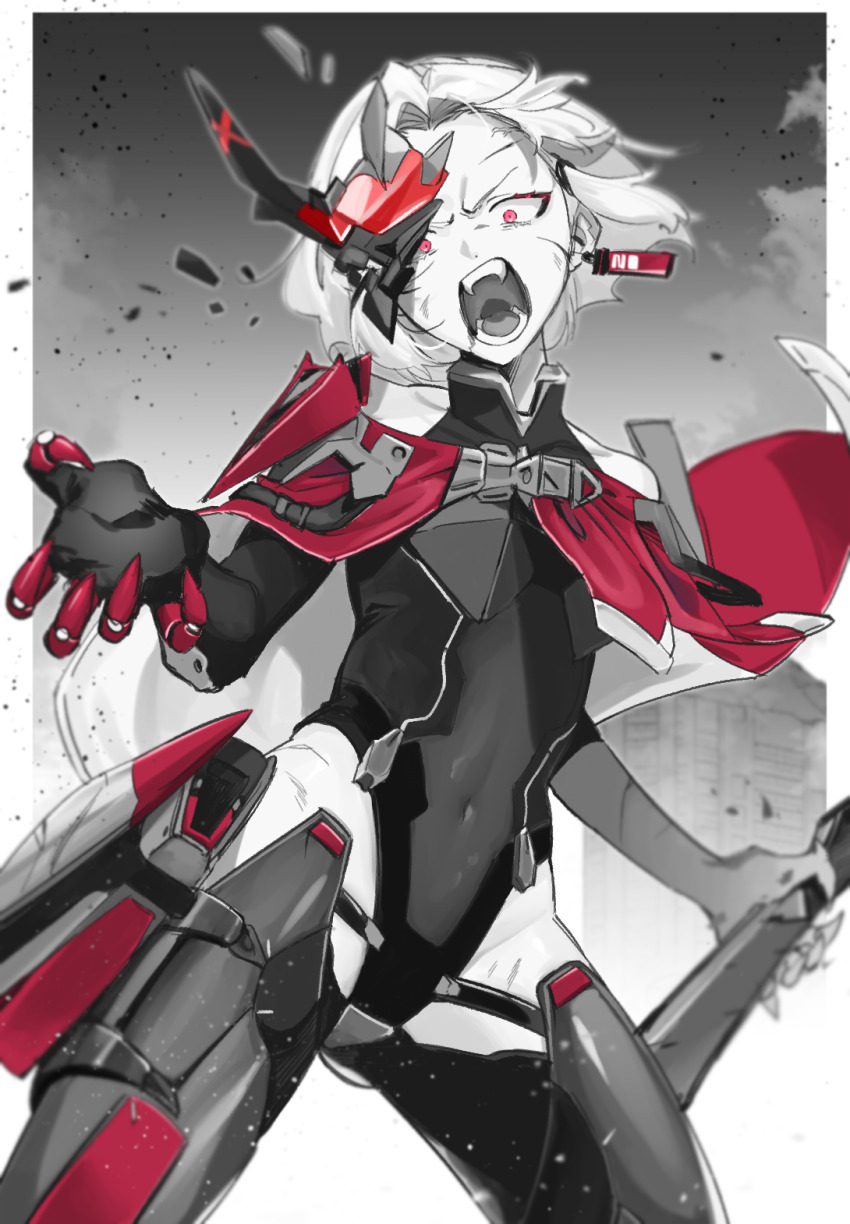 1girl, android, armor, black_leotard, black_thighhighs, breastplate, breasts, broken_mask, capelet, commentary, cowboy_shot, drake_(nikke), eyelashes, goddess_of_victory:_nikke, gun, hair_ornament, hairclip, highleg, highleg_leotard, highres, holding, holding_gun, holding_weapon, jomae_dayo, leg_armor, leotard, looking_at_viewer, mask, open_mouth, parted_bangs, prosthesis, red_capelet, red_eyes, ruins, sanpaku, short_hair, shotgun, shoulder_armor, sidelocks, small_breasts, solo, standing, teeth, thighhighs, weapon, white_hair