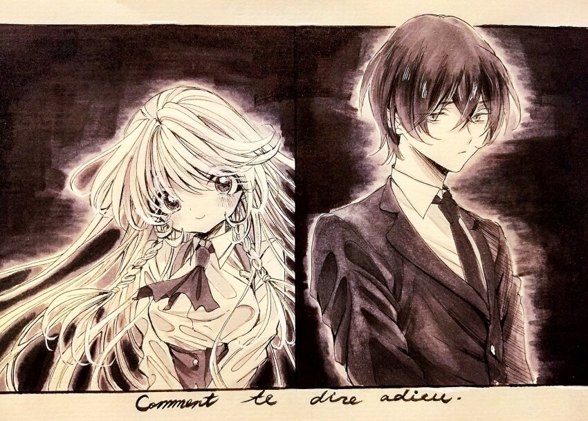 1boy, 1girl, aya_carmine, blush, braid, collared_shirt, expressionless, formal_clothes