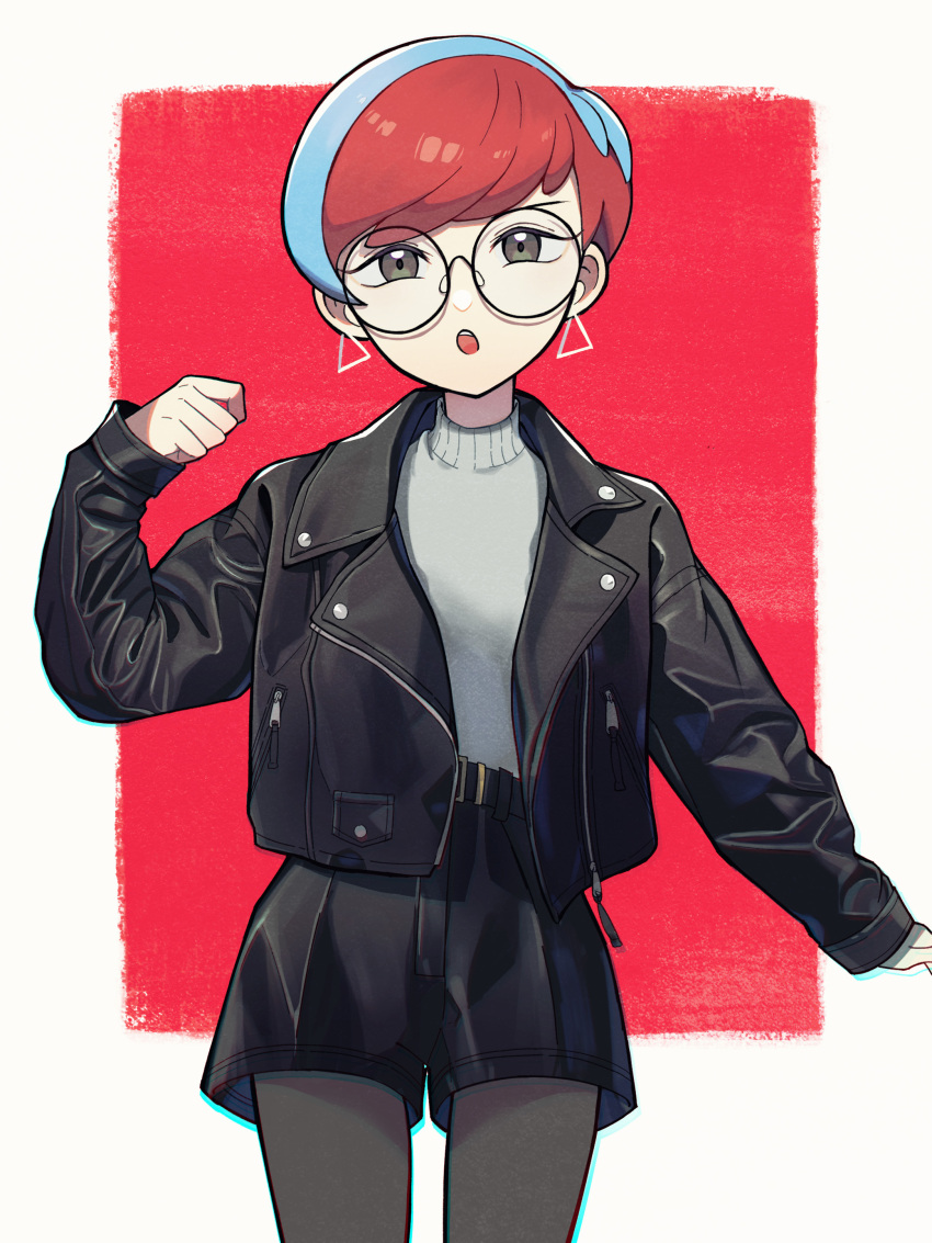 1girl, :o, absurdres, alternate_costume, black_jacket, black_shorts, blue_hair, border, commentary_request, cowboy_shot, earrings, glasses, grey_sweater, hand_up, highres, jacket, jewelry, long_sleeves, multicolored_hair, nintendo, nori_(hgdm2784), open_clothes, open_jacket, open_mouth, outside_border, pantyhose, penny_(pokemon), pokemon, pokemon_scarlet_and_violet, red_background, red_hair, round_eyewear, short_hair, shorts, solo, sweater, two-tone_hair, white_border