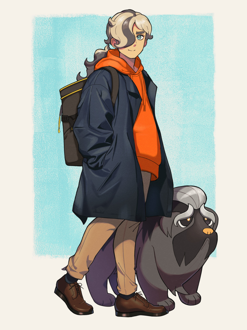 1boy, absurdres, alternate_costume, arven_(pokemon), backpack, bag, black_coat, border, brown_footwear, brown_hair, brown_pants, closed_mouth, coat, commentary_request, eyelashes, green_background, green_eyes, hand_in_pocket, highres, hood, hood_down, hoodie, long_hair, long_sleeves, mabosstiff, male_focus, nintendo, nori_(hgdm2784), open_clothes, open_coat, orange_hoodie, pants, pokemon, pokemon_(creature), pokemon_scarlet_and_violet, shoes, smile, split_mouth, standing, tassel, white_border