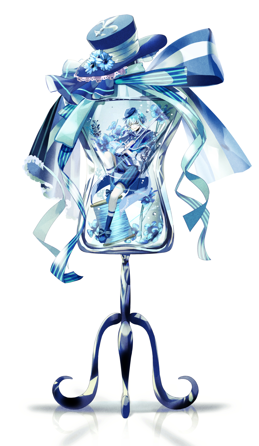 1boy, absurdres, akuma_shitsuji_to_kuroi_neko, androgynous, blue_cape, blue_flower, blue_hair, blue_shorts