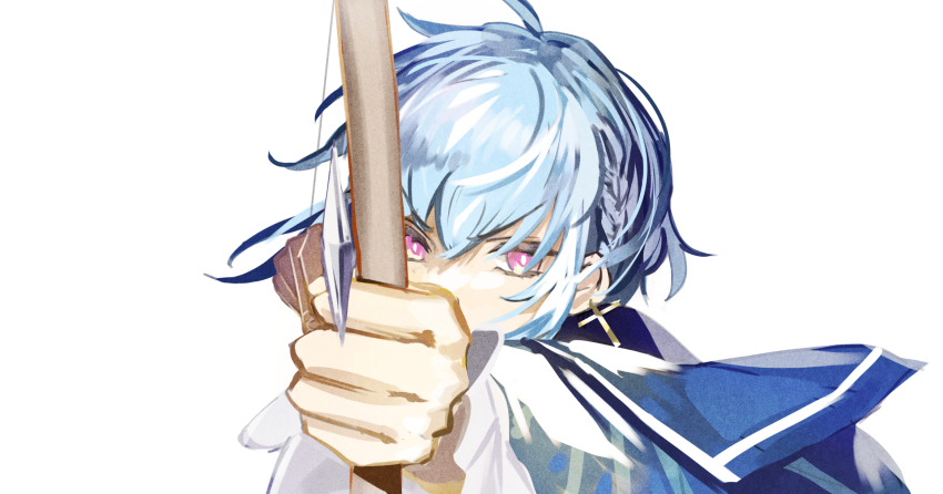 1boy, aiming, aiming_at_viewer, akuma_shitsuji_to_kuroi_neko, androgynous, blue_hair, blue_sailor_collar, bow_(weapon)