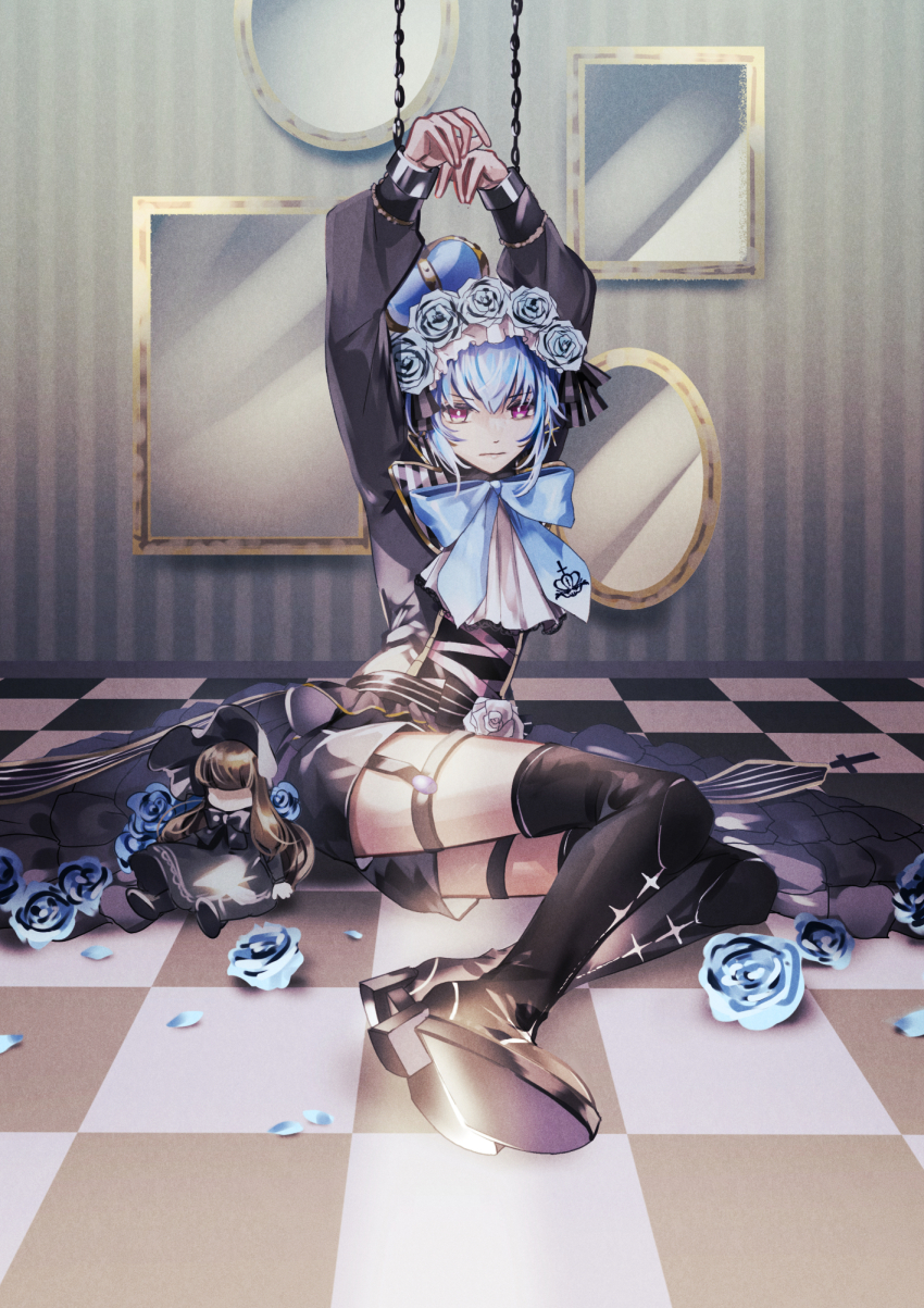 1boy, akuma_shitsuji_to_kuroi_neko, androgynous, ascot, black_jacket, black_shorts, black_thighhighs, blue_flower