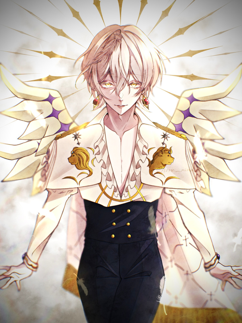 1boy, akuma_shitsuji_to_kuroi_neko, angel, angel_wings, black_pants, cape, cherubim_(akuma_shitsuji_to_kuroi_neko), earrings, highres, hore_nina, ibispaint_(medium), jewelry, long_sleeves, looking_at_viewer, male_focus, pants, shirt, short_hair, solo, v-neck, white_background, white_cape, white_hair, white_shirt, wings, yellow_eyes