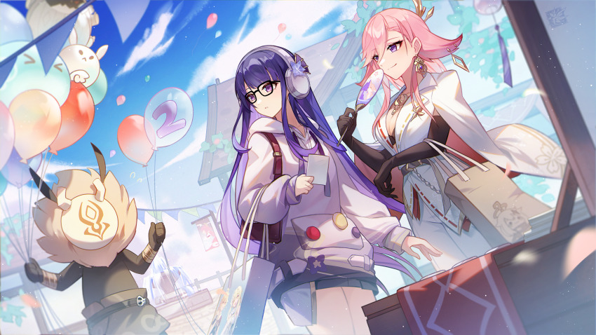 2girls, aether_(genshin_impact), animal_ears, architecture, autumnlll, azhdaha_(genshin_impact), bag, bespectacled