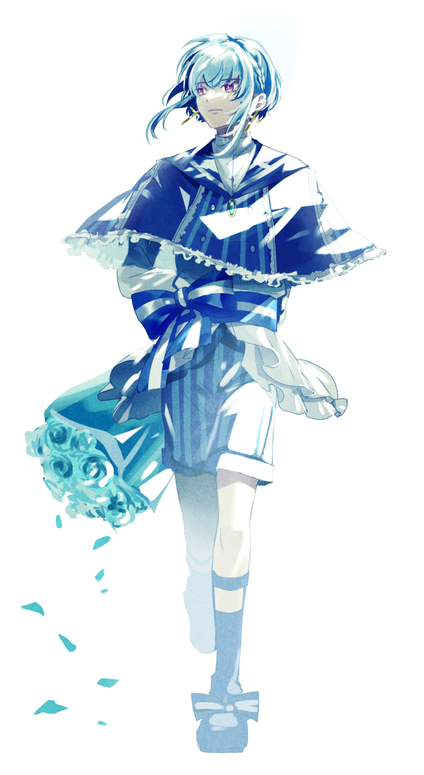 1boy, akuma_shitsuji_to_kuroi_neko, androgynous, blue_capelet, blue_flower, blue_hair, blue_rose, blue_shorts