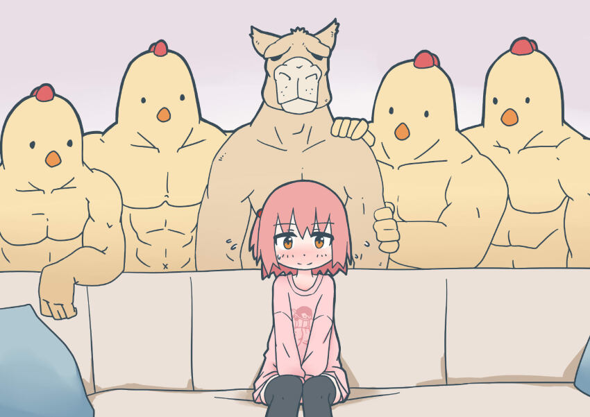 1girl, 5boys, bird, blush, chicken, child, couch, furry