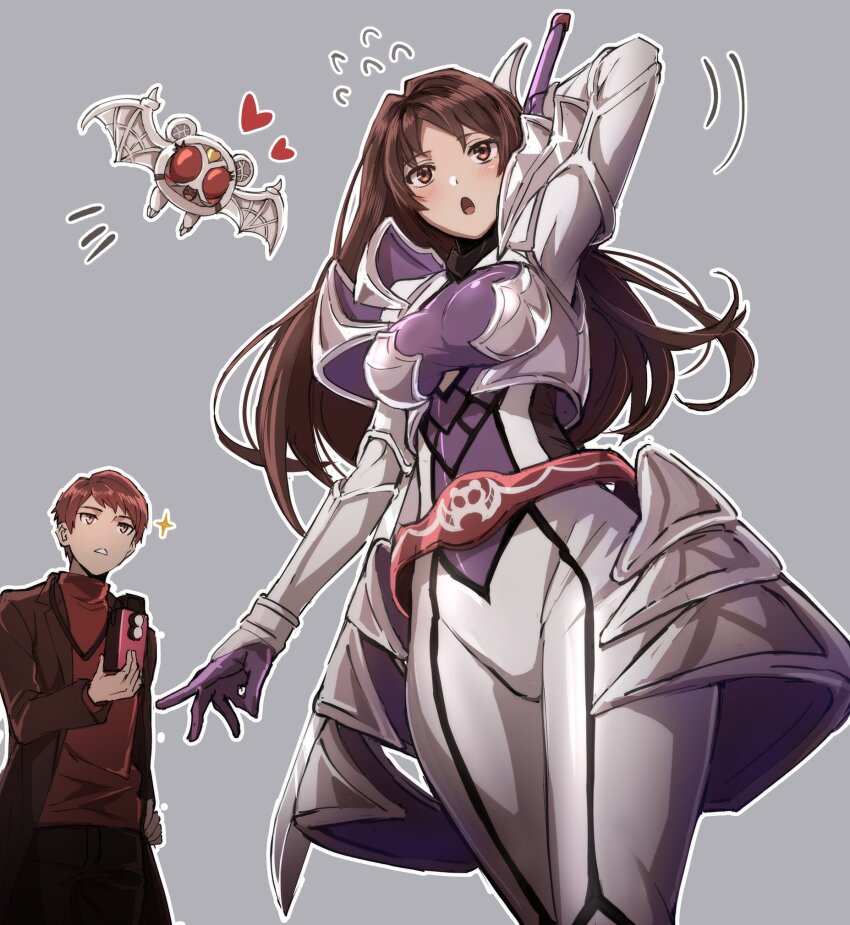 1boy, 1girl, :o, armor, bat_(animal), bat_wings, belt, black_pants