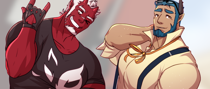 >_o, 2boys, banner, bara, blue_hair, character_request, colored_skin, dark-skinned_male, dark_skin, demon_boy, demon_horns, eyewear_on_head, facial_hair, flicker_of_azure, glasses, gloves, goatee, grin, hand_on_own_neck, horns, large_pectorals, male_focus, mature_male, misterpanncake, multiple_boys, muscular, muscular_male, one_eye_closed, pectorals, red_skin, short_hair, sideburns, skin-covered_horns, smile, stubble, suspenders, thick_eyebrows, upper_body, wez_(flicker_of_azure), white_hair