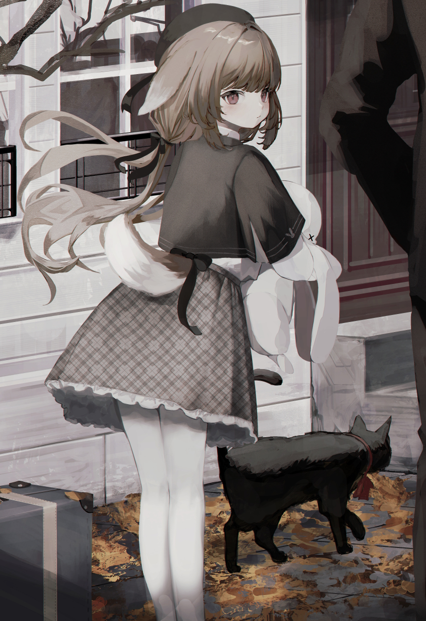 1girl, 1other, absurdres, animal_ears, black_capelet, black_headwear, black_ribbon, blush, capelet, cat, closed_mouth, commentary, feet_out_of_frame, frilled_skirt, frills, grey_skirt, hair_ribbon, highres, light_brown_hair, long_hair, long_sleeves, low_twintails, original, out_of_frame, outdoors, pantyhose, plaid_clothes, plaid_skirt, red_eyes, ribbon, sho_(sho_oe4), skirt, solo_focus, stuffed_animal, stuffed_toy, untranslatable_commentary, tail, tail_ornament, tail_ribbon, twintails, white_pantyhose