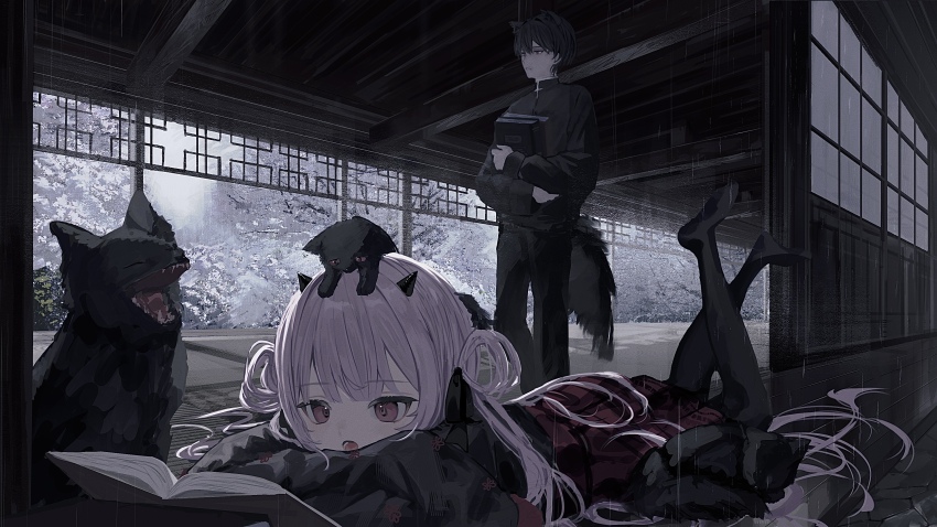 1boy, 1girl, absurdres, animal_ears, black_horns, black_pants, black_socks, book