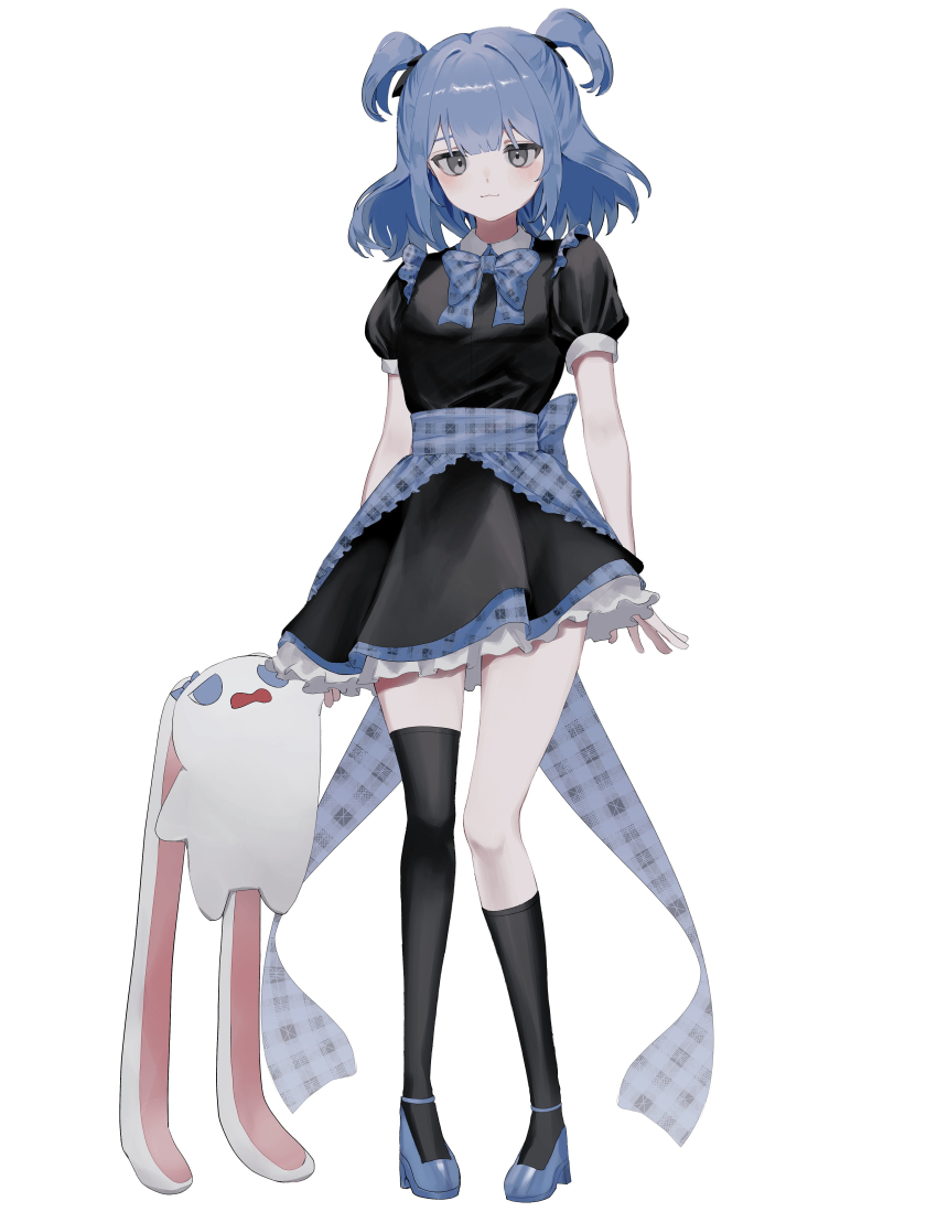 1girl, :3, absurdres, asymmetrical_legwear, black_dress, black_ribbon, black_socks, blue_bow, blue_bowtie, blue_footwear, blue_hair, bow, bowtie, closed_mouth, commentary, dress, frilled_dress, frilled_sash, frills, full_body, grey_eyes, hair_ribbon, highres, holding, holding_stuffed_toy, light_blush, original, plaid_bow, plaid_bowtie, plaid_clothes, plaid_sash, ribbon, sash, sho_(sho_oe4), short_hair, short_sleeves, simple_background, socks, solo, standing, stuffed_animal, stuffed_rabbit, stuffed_toy, untranslatable_commentary, two_side_up, uneven_legwear, white_background