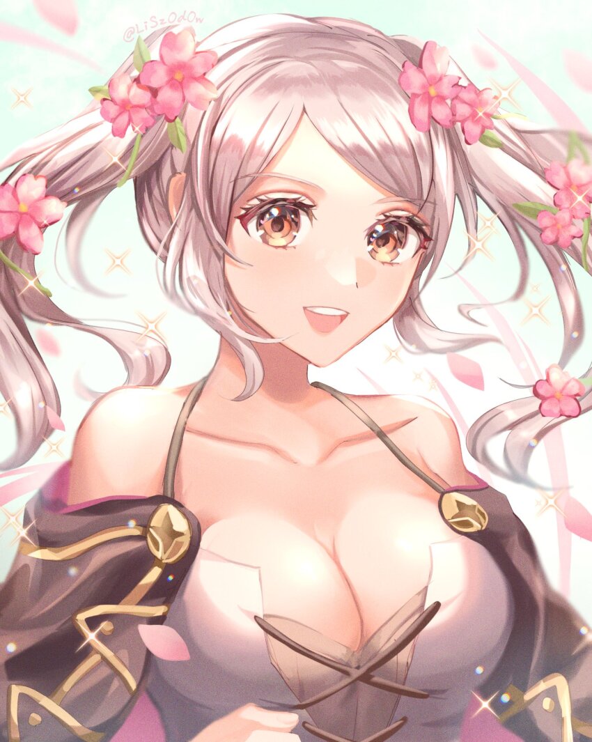 1girl, :d, bare_shoulders, blush, breasts, brown_eyes, cleavage, collarbone