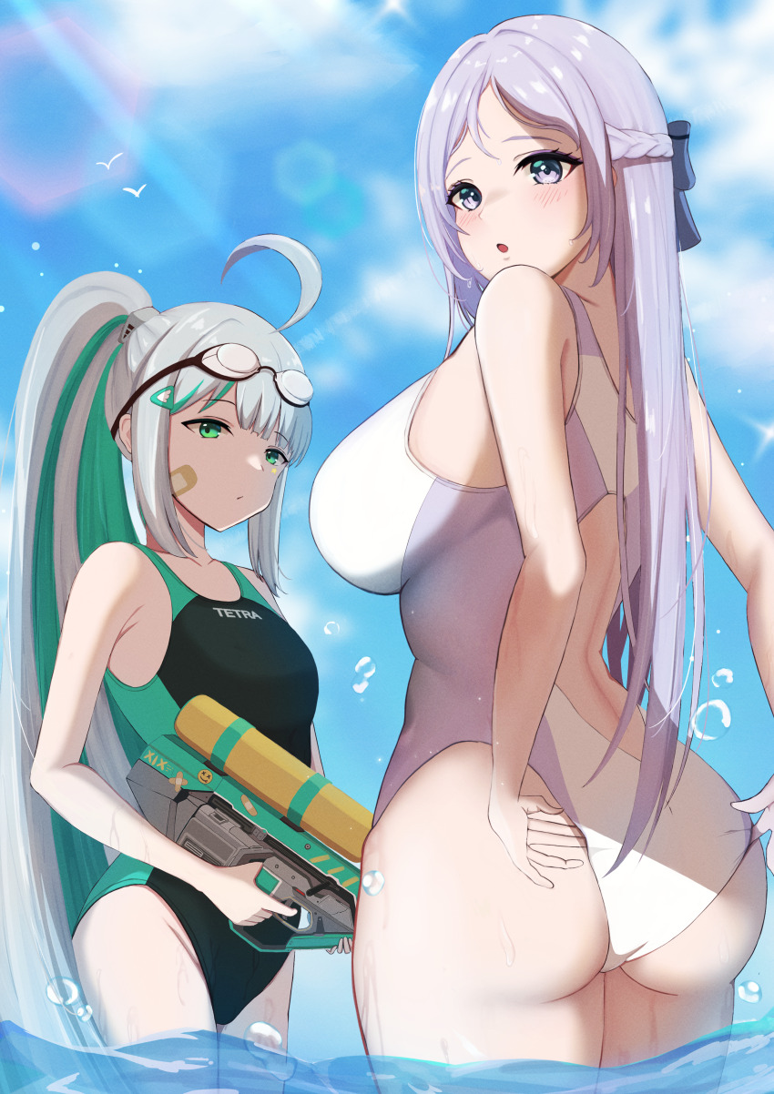 2girls, absurdres, ass, blue_eyes, blue_sky, competition_swimsuit, epinel_(nikke), folkwang_(nikke)