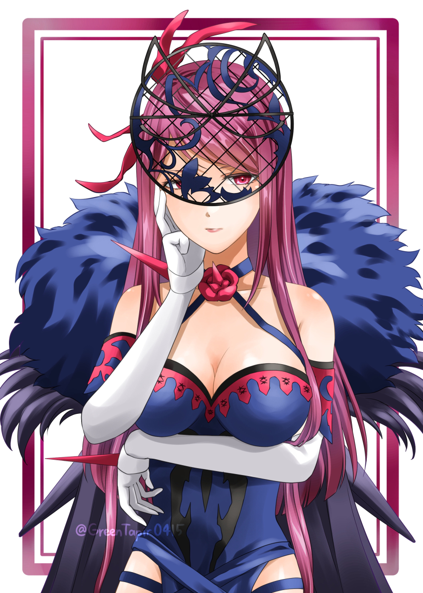 1girl, absurdres, bare_shoulders, breasts, cleavage, commentary_request, dress, elbow_gloves