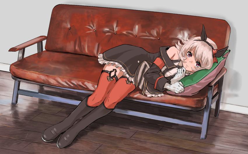 1girl, animal_ears, bare_shoulders, black_footwear, black_headband, bow, closed_mouth, couch
