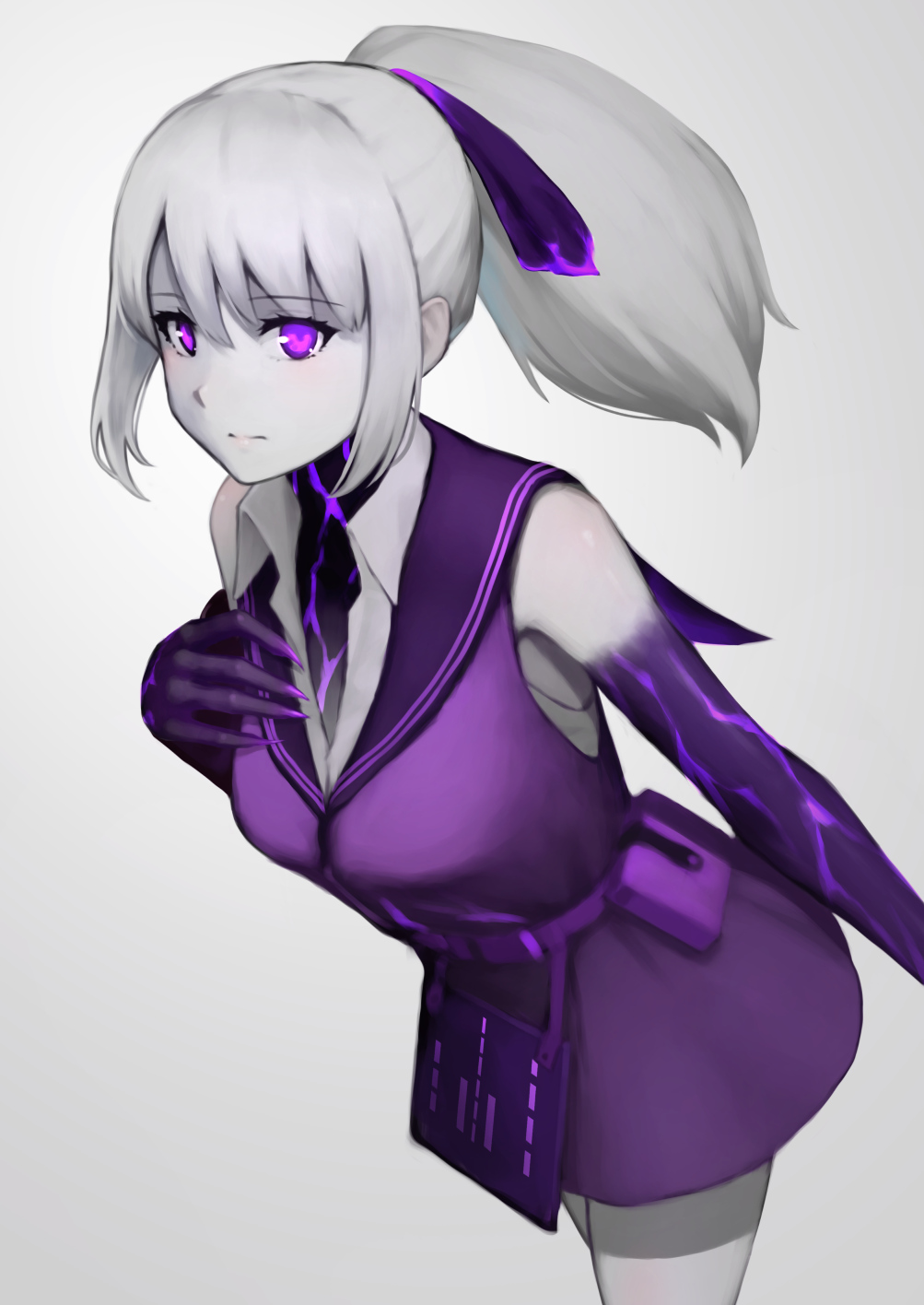 1girl, abyssal_ship, aircraft_carrier_princess_ii, claws, closed_mouth, collared_shirt, colored_skin, cracked_skin