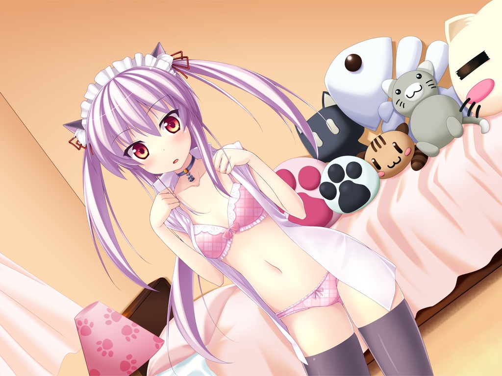 1girl, :o, animal_ears, bed, bedroom, black_thighhighs, blush, bottomless, bow, bow_bra, bow_panties, bra, cat_ears, choker, circus_(studio), female_focus, flat_chest, honeytrap, indoors, lingerie, maid_headdress, navel, no_pants, nullken, open_clothes, open_shirt, orange_eyes, panties, paw_print, pillow, pink_bra, pink_panties, plaid_bra, plaid_clothes, plaid_panties, purple_hair, rpg_gakuen, shirt, skindentation, solo, stuffed_animal, stuffed_toy, thighhighs, twintails, underwear