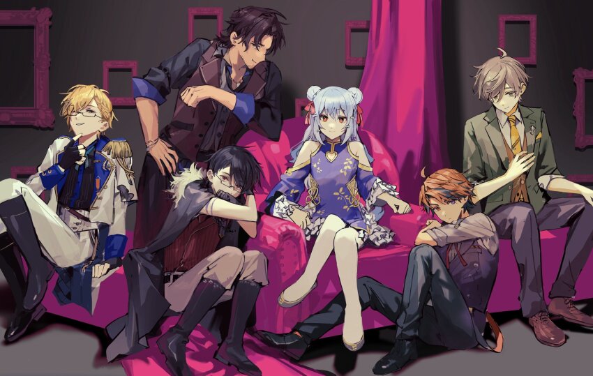 6+boys, ;), ahoge, armchair, arpaccio, belmond_banderas, belmond_banderas_(1st_costume), black_coat