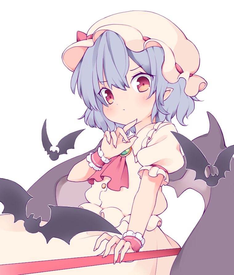 1girl, ascot, bat_(animal), bat_wings, blue_hair, blush, bow, brooch