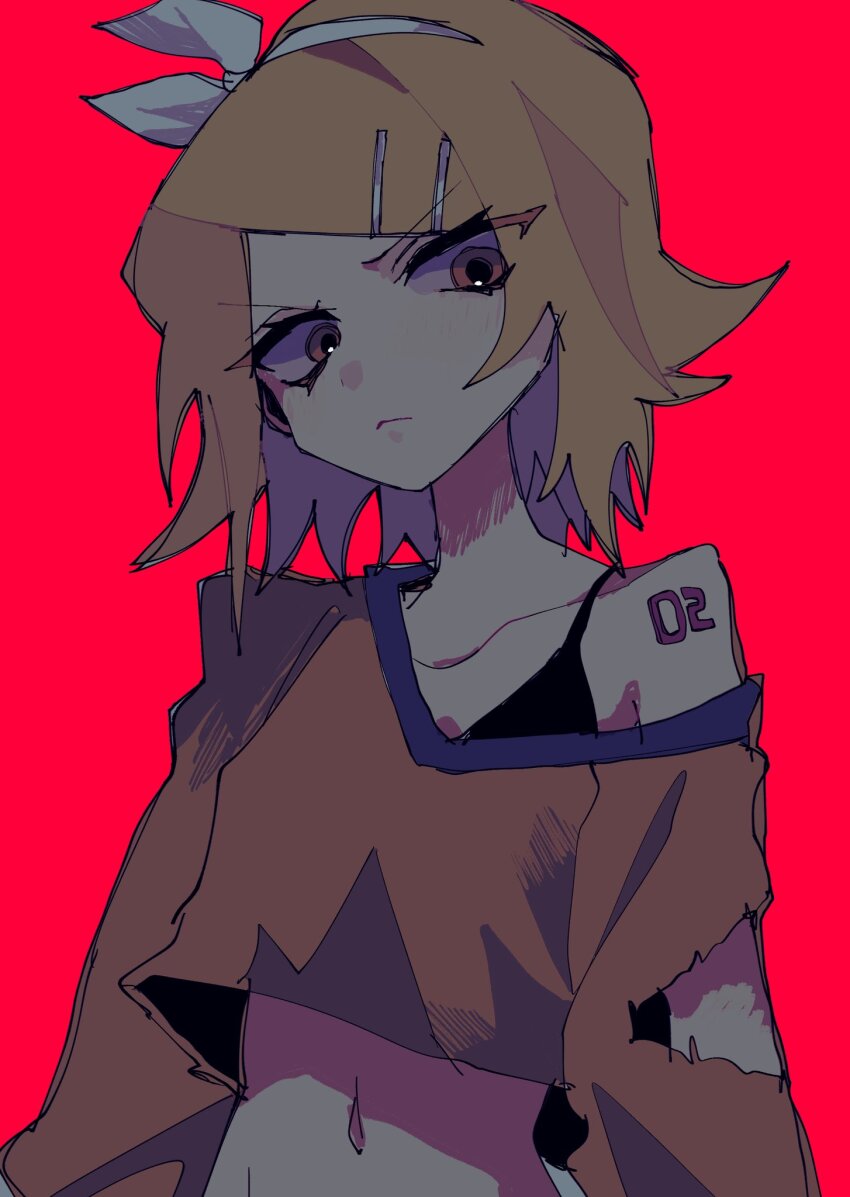 1girl, alternate_costume, arms_at_sides, blonde_hair, bow, bra, bra_peek, collarbone, commentary, cropped_shirt, frown, glaring, hair_bow, hair_ornament, hairband, hairclip, highres, kagamine_rin, lonepi, looking_at_viewer, muted_color, navel, number_tattoo, off_shoulder, orange_eyes, red_background, sanpaku, shirt, short_hair, single_bare_shoulder, solo, stomach, swept_bangs, tattoo, torn_clothes, torn_shirt, underwear, upper_body, v-shaped_eyebrows, vocaloid, white_bow, white_hairband
