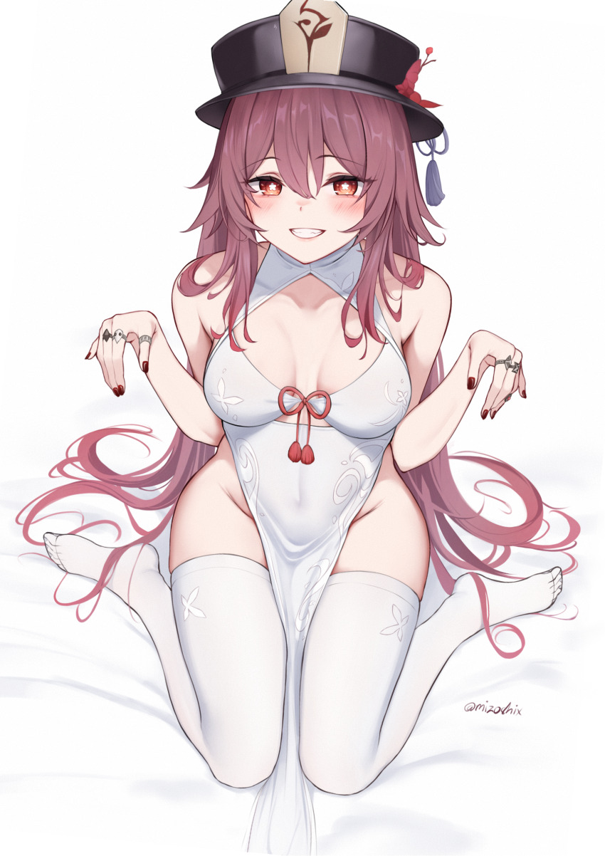 1girl, absurdres, black_hat, black_nails, blush, breasts, brown_hair, china_dress