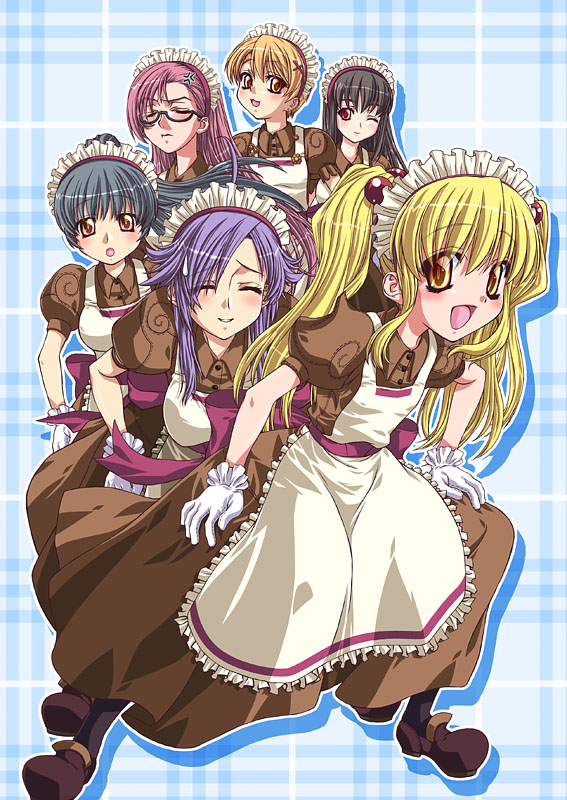 2000s_(style), 6+girls, anger_vein, apron, black-framed_eyewear, black_hair, black_pantyhose, blonde_hair