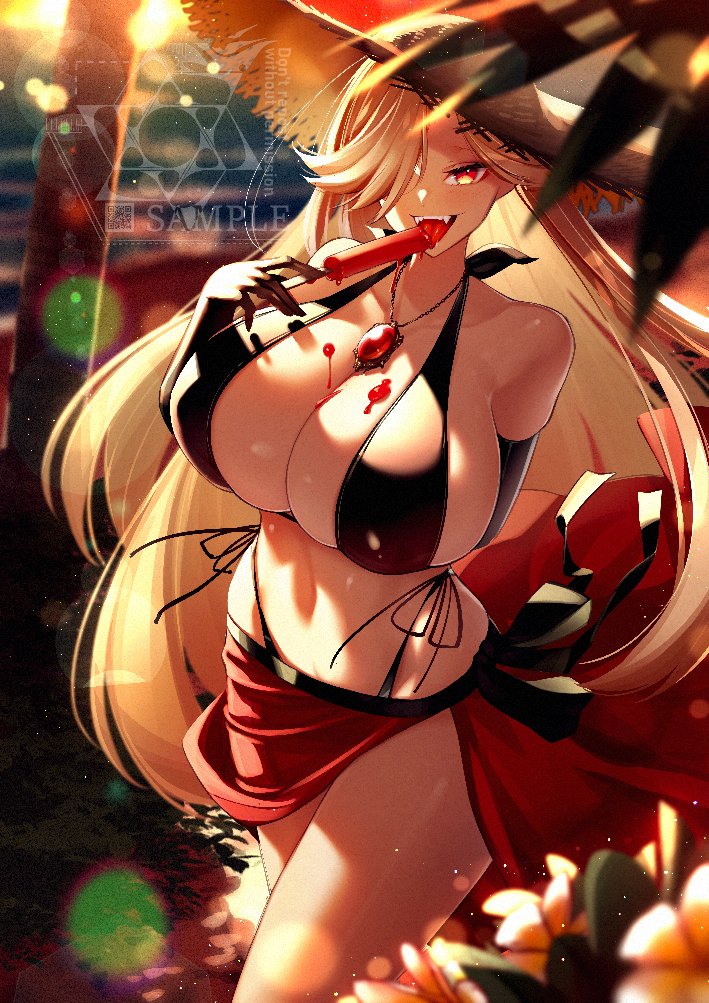 1girl, bikini, black_bikini, black_gloves, blonde_hair, blurry, blurry_background, blurry_foreground