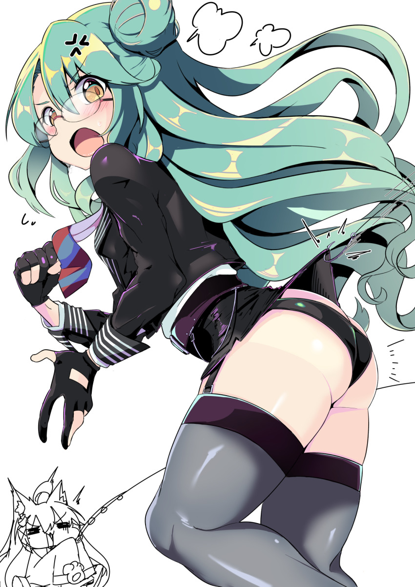 2girls, akashi_(azur_lane), anger_vein, ass, azur_lane, black_gloves, black_panties, edoara