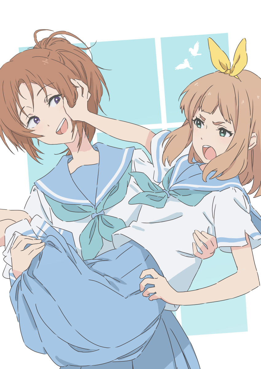 2girls, absurdres, aqua_neckerchief, asada7101, blue_background, blue_sailor_collar, blue_skirt, breasts