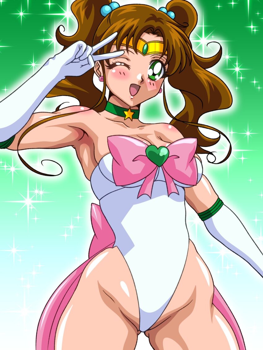 1girl, alternate_hairstyle, bishoujo_senshi_sailor_moon, breasts, brown_hair, cleavage, gloves, green_eyes, highleg, highleg_leotard, highres, inabakun00, kino_makoto, large_breasts, leotard, long_hair, magical_girl, one_eye_closed, sailor_jupiter, smile, solo, twintails, v, wink