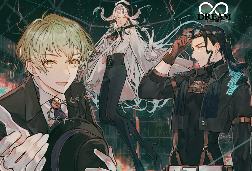 1other, 2boys, :d, absurdres, adjusting_eyewear, ahoge, albino_(a1b1n0623), aqua_hair, ascot, belt, black_ascot, black_footwear, black_hair, black_headwear, black_jacket, black_pants, black_shirt, blue_eyes, blue_necktie, bookshelf, brooch, brown_belt, brown_gloves, chest_belt, covered_navel, cropped_jacket, curtained_hair, david_(fate), david_(infinity_dream)_(fate), dome, eyeshadow, fate/grand_order, fate_(series), floating, foot_out_of_frame, forehead_jewel, frilled_shirt_collar, frills, gloves, goggles, goggles_on_head, green_eyes, green_eyeshadow, green_hair, green_pupils, green_vest, hair_between_eyes, hair_pulled_back, hair_strand, hair_tubes, hand_on_eyewear, hat, high-waist_pants, high_heels, highres, holding, holding_unworn_clothes, holding_unworn_hat, jacket, jewelry, long_hair, looking_at_viewer, low_ponytail, makeup, male_focus, monocle, multicolored_hair, multiple_boys, necktie, nikola_tesla_(fate), nikola_tesla_(infinity_dream)_(fate), official_alternate_costume, open_clothes, open_jacket, open_mouth, pants, parted_bangs, parted_lips, ponytail, red_eyes, shi_huang_di_(fate), shi_huang_di_(infinity_dream)_(fate), shirt, short_hair, skylight, sleeve_garter, smile, streaked_hair, suit_jacket, suspenders, tight_clothes, tight_shirt, top_hat, turtleneck, two-tone_hair, unworn_hat, unworn_headwear, upper_body, vest, white_belt, white_gloves, white_hair, white_shirt, wide_sleeves