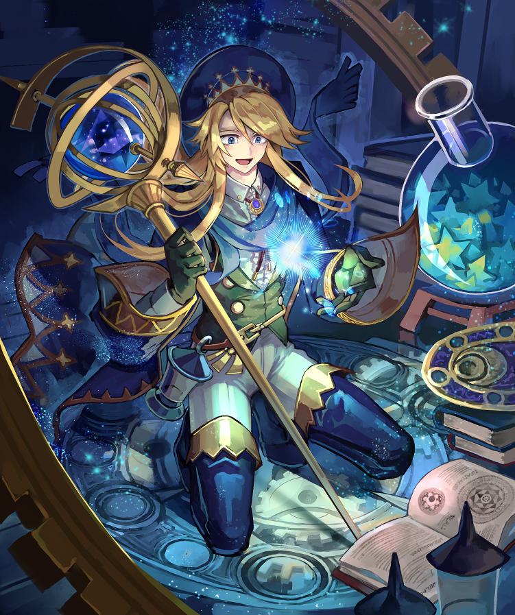 1boy, :d, armillary_sphere, blonde_hair, blue_boots, blue_coat, blue_eyes, blue_hat