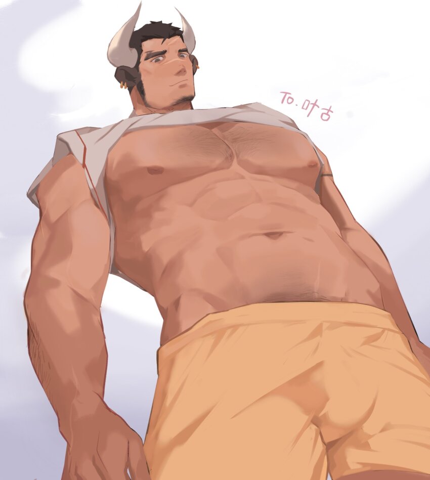 1boy, abs, animal_ears, arm_hair, bara, bare_pectorals, borrowed_character, brown_hair