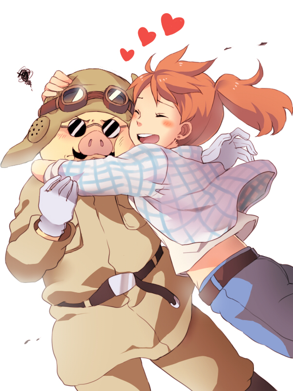 1990s_(style), 1boy, 1girl, bad_id, bad_pixiv_id, blush, couple, fio_piccolo, furry, furry_male, furry_with_non-furry, gloves, goggles, hetero, honoboooono, hug, interspecies, kurenai_no_buta, marco_(kurenai_no_buta), plaid, ponytail, porco_rosso_(character), red_hair, retro_artstyle, sleeves_rolled_up, squiggle, studio_ghibli, sunglasses
