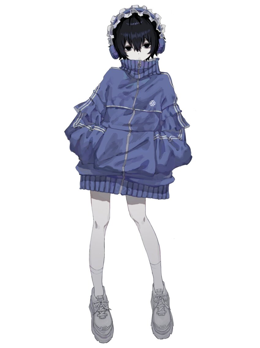 1girl, black_eyes, black_hair, blue_jacket, collared_jacket, expressionless, female_focus, full_body