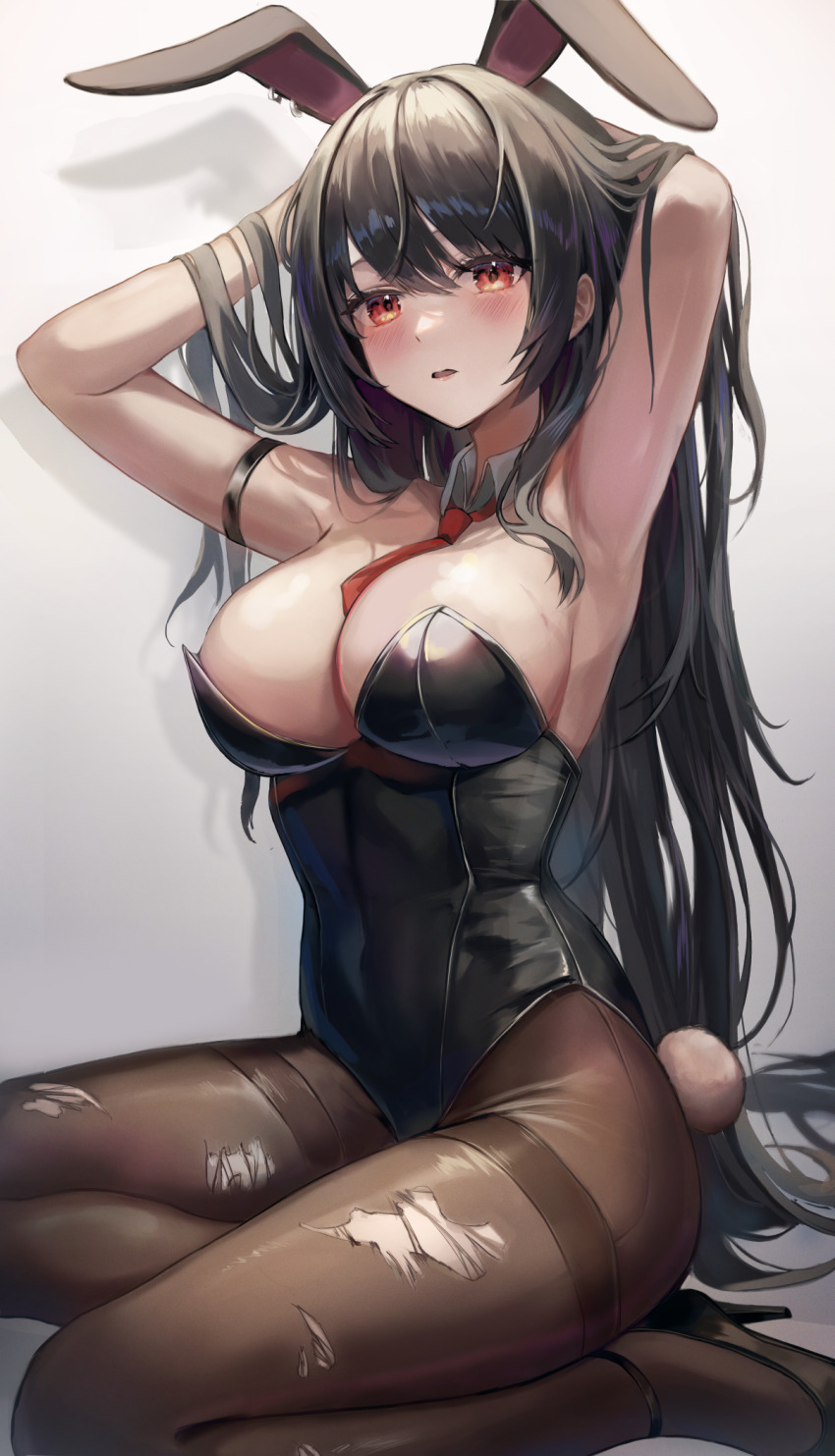1girl, animal_ears, arm_strap, armpits, black_footwear, black_hair, black_leotard, black_pantyhose