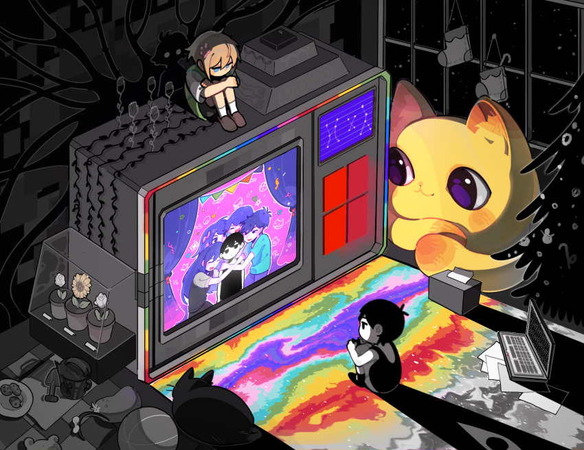 2girls, 4boys, :d, animal, aubrey_(headspace)_(omori), aubrey_(omori), ball, basil_(faraway)_(omori)