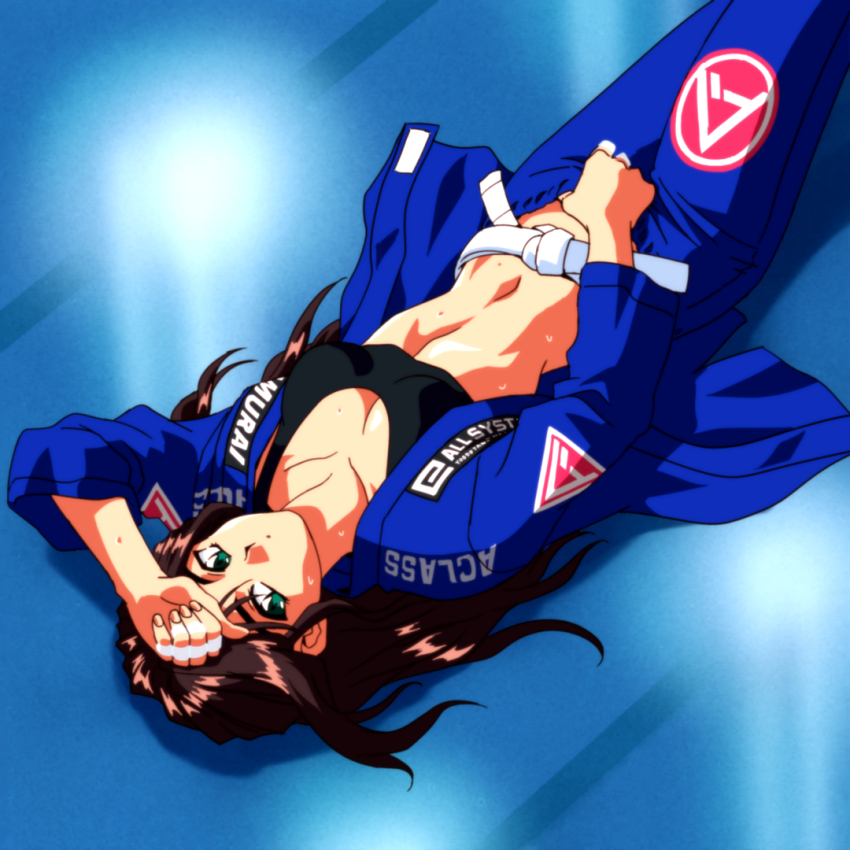 1990s_(style), 1girl, belt, black_sports_bra, blue_jacket, blue_pants, breasts, brown_hair