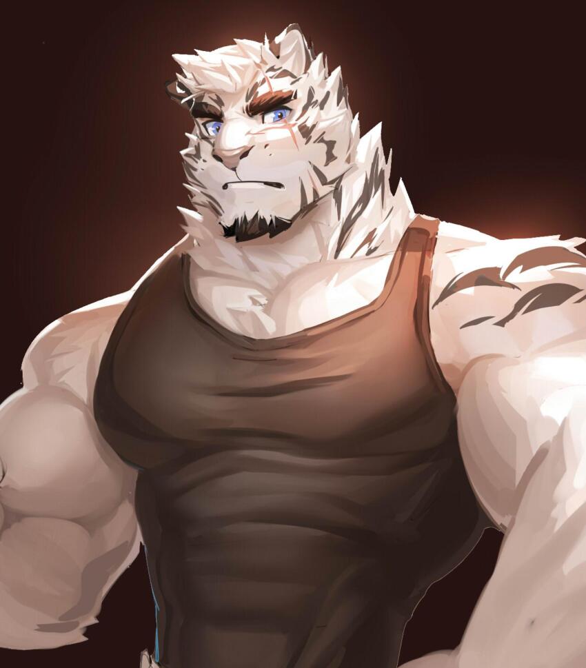 1boy, animal_ears, arknights, bara, black_tank_top, blue_eyes, facial_hair, furry