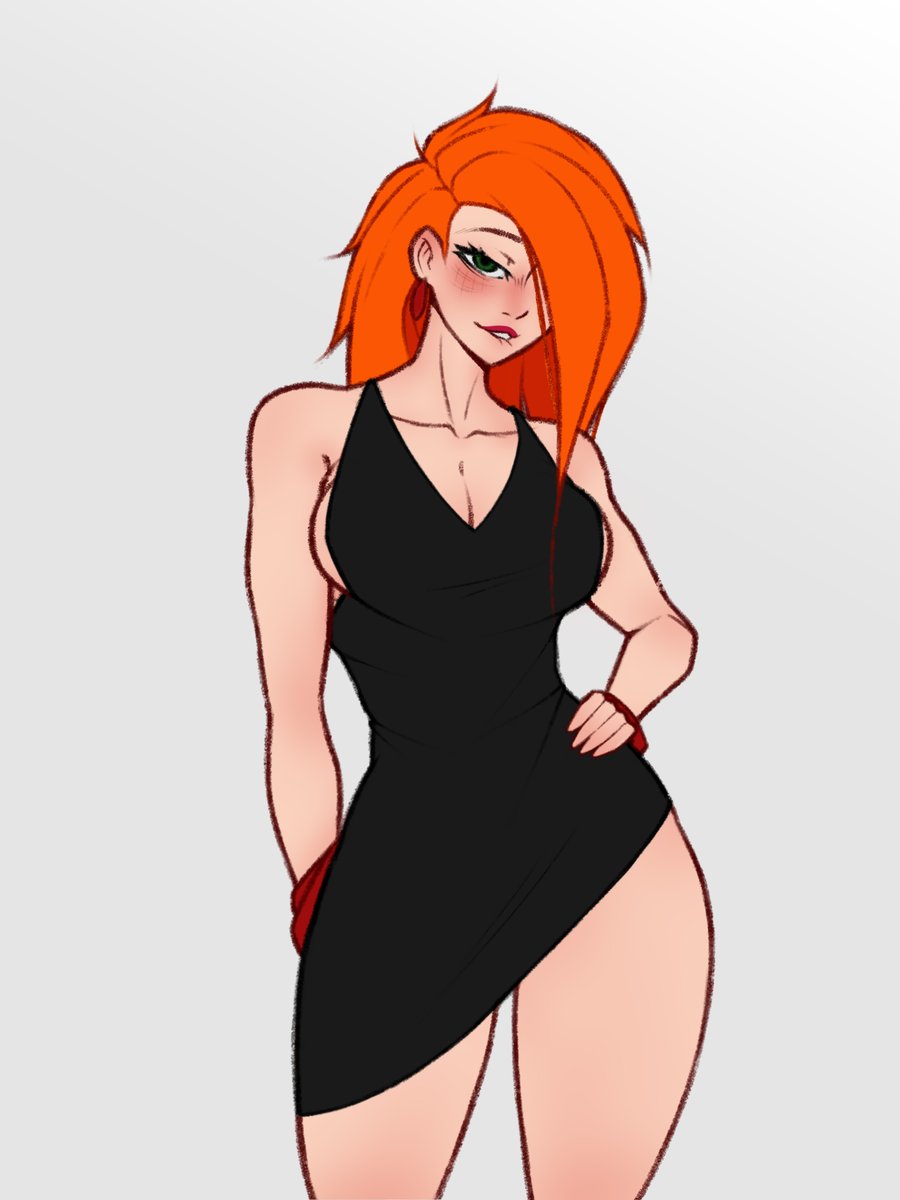 1girl, aged_up, alternate_breast_size_(larger), black_dress, blush, bracelet, breasts, cleavage, cleavage_cutout, clothing_cutout, collarbone, curvy, dress, ear_piercing, earrings, eyelashes, eyeliner, fringe_trim, green_eyes, hair_over_one_eye, half-closed_eyes, hand_on_own_hip, highres, image_sample, jewelry, kim_possible, kim_possible_(series), large_breasts, lips, lipstick, long_hair, looking_at_viewer, makeup, messy_hair, midriff, midriff_peek, muscular, muscular_female, narrow_waist, oral, piercing, red_hair, red_lips, revealing_clothes, short_dress, sideboob, sketch, sleeveless, sleeveless_dress, solo, spellkasper, squishing, thick_lips, thick_thighs, thigh_gap, thighs, tight_clothes, tight_dress, tight_top, twitter, twitter_sample, twitter_username, undersized_clothes, wide_hips