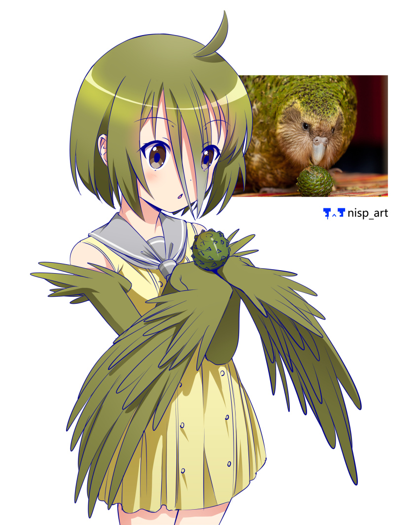 1girl, absurdres, artist_logo, artist_name, bird, blush, brown_eyes, chestnut_mouth